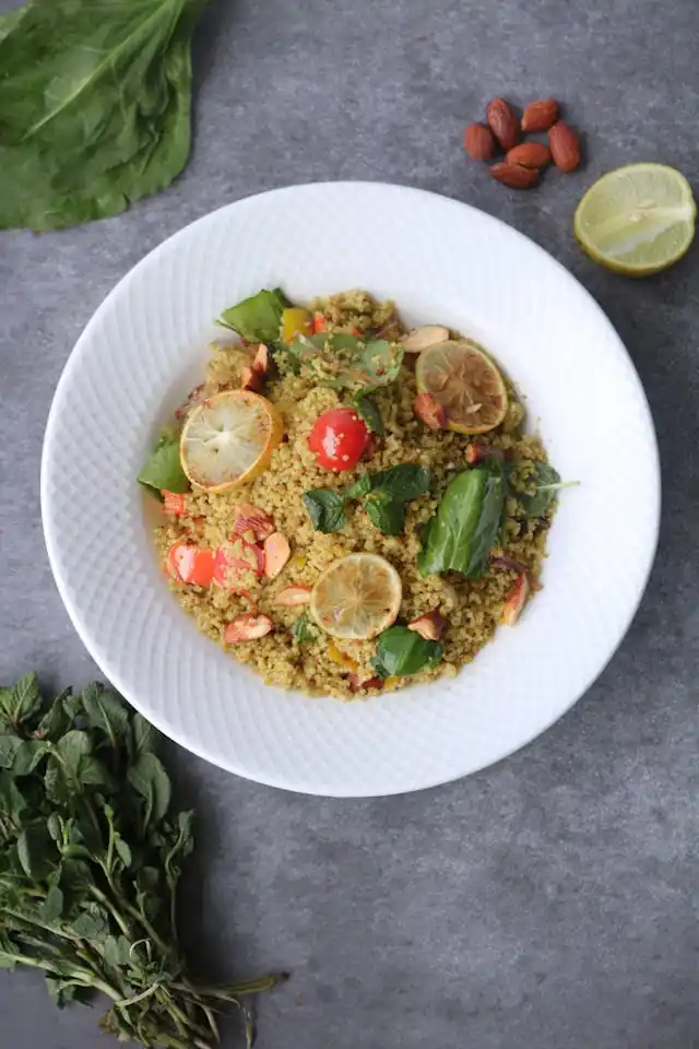 Quinoa Kitchari with caramelized red onions, a nourishing Ayurvedic dish with wholesome grains and legumes.